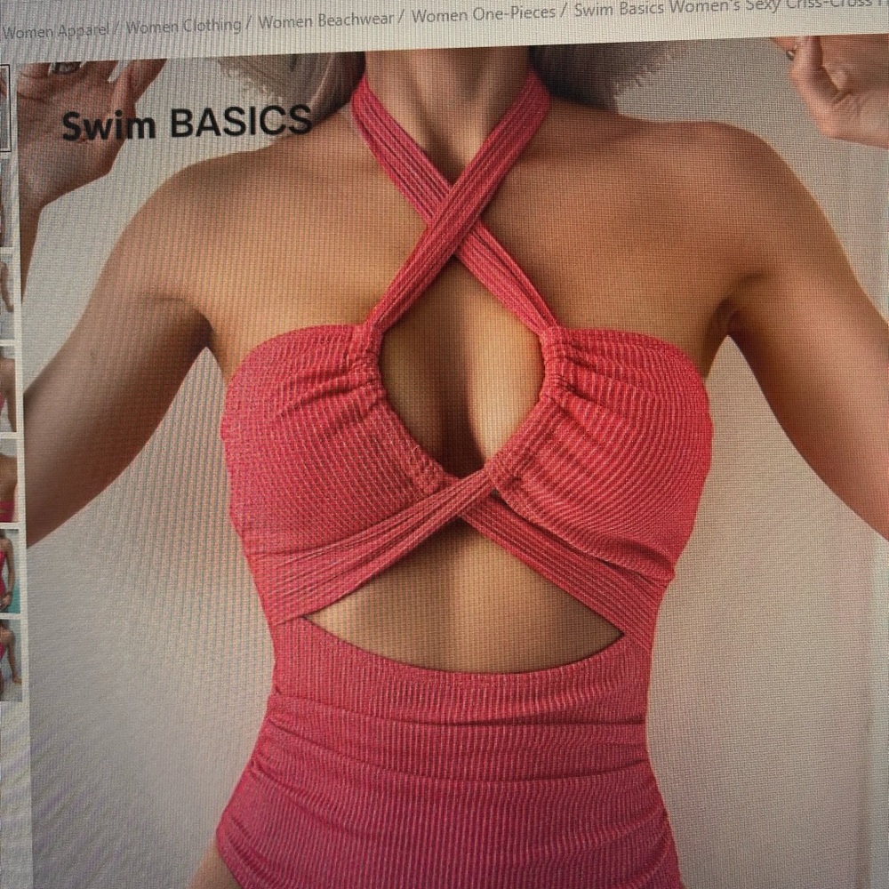 Ribbed Crisscross One-Piece Swimsuit in Pink- shiny
